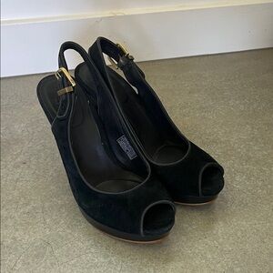 UGG Black Suede Peep-Toe Slingback Wedges with Gold Buckle